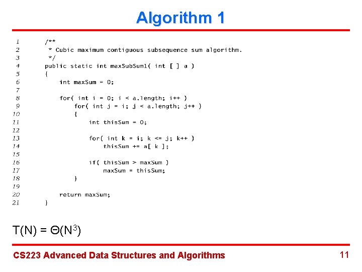 Algorithm 1 T(N) = Θ(N 3) CS 223 Advanced Data Structures and Algorithms 11