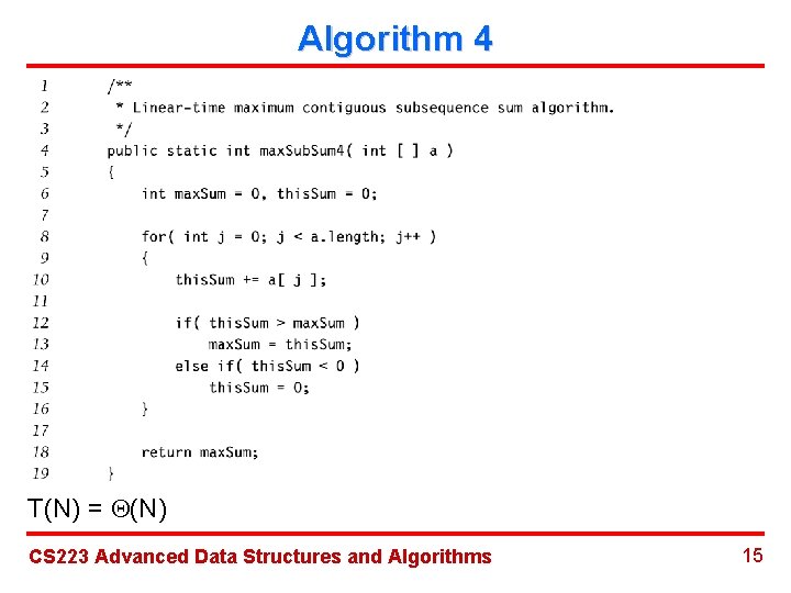 Algorithm 4 T(N) = (N) CS 223 Advanced Data Structures and Algorithms 15 