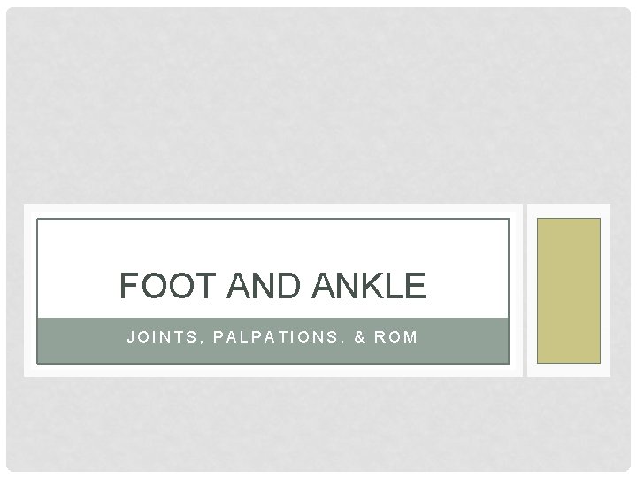 FOOT AND ANKLE JOINTS, PALPATIONS, & ROM FOOT AND ANKLE JOINTS, PALPATIONS, & ROM
