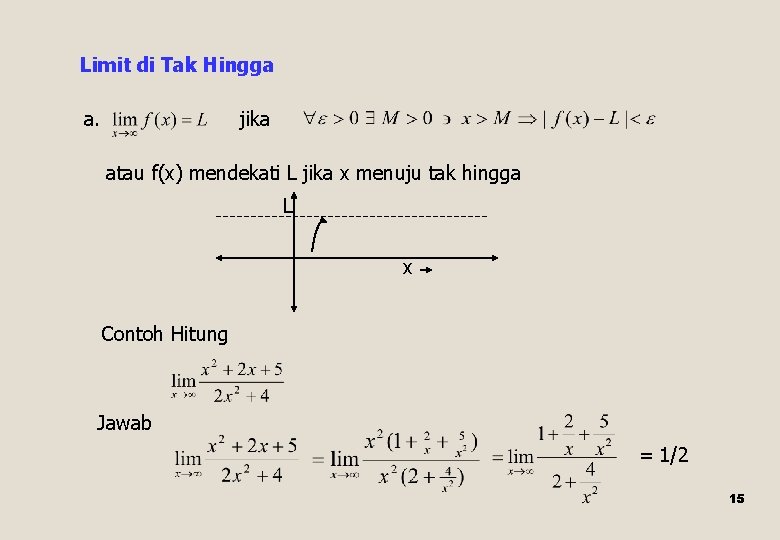 Limit di Tak Hingga a. jika atau f(x) mendekati L jika x menuju tak