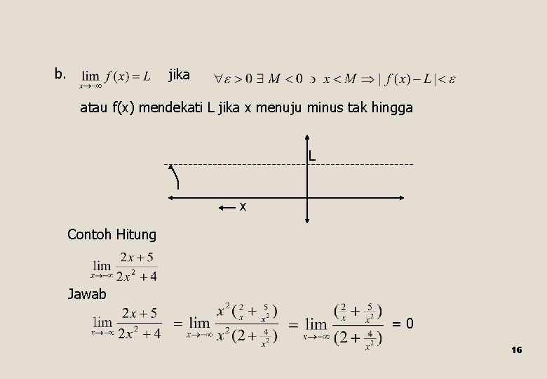 b. jika atau f(x) mendekati L jika x menuju minus tak hingga L x