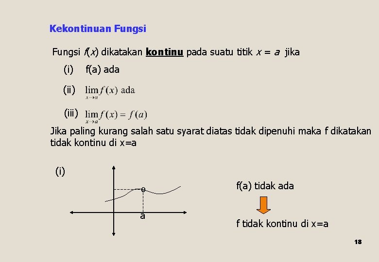 Kekontinuan Fungsi f(x) dikatakan kontinu pada suatu titik x = a jika (i) f(a)