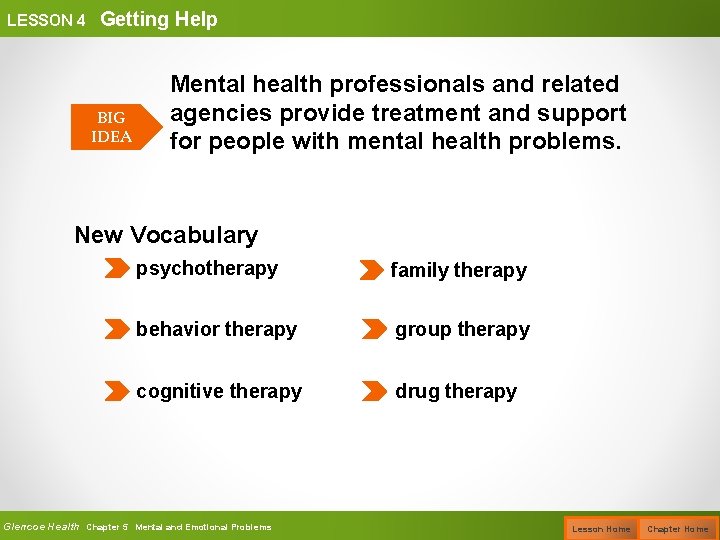 LESSON 4 Getting Help BIG IDEA Mental health professionals and related agencies provide treatment