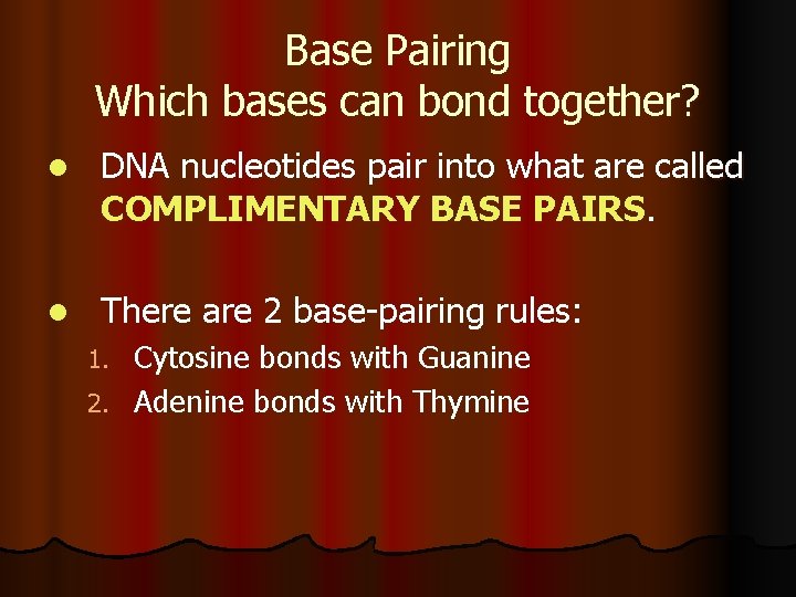 Base Pairing Which bases can bond together? l DNA nucleotides pair into what are