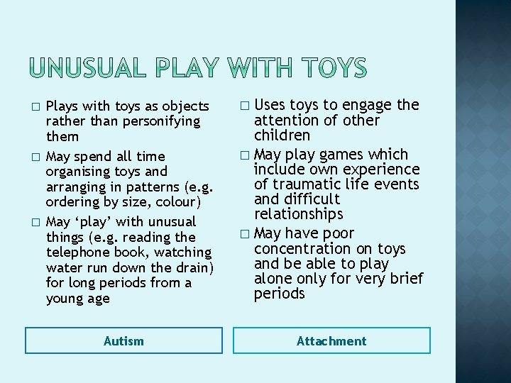 � � � Plays with toys as objects rather than personifying them May spend