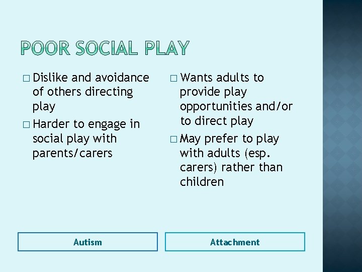 � Dislike and avoidance of others directing play � Harder to engage in social