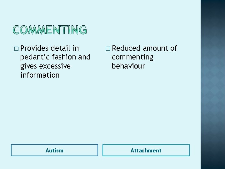 � Provides detail in pedantic fashion and gives excessive information Autism � Reduced amount � Provides detail in pedantic fashion and gives excessive information Autism � Reduced amount