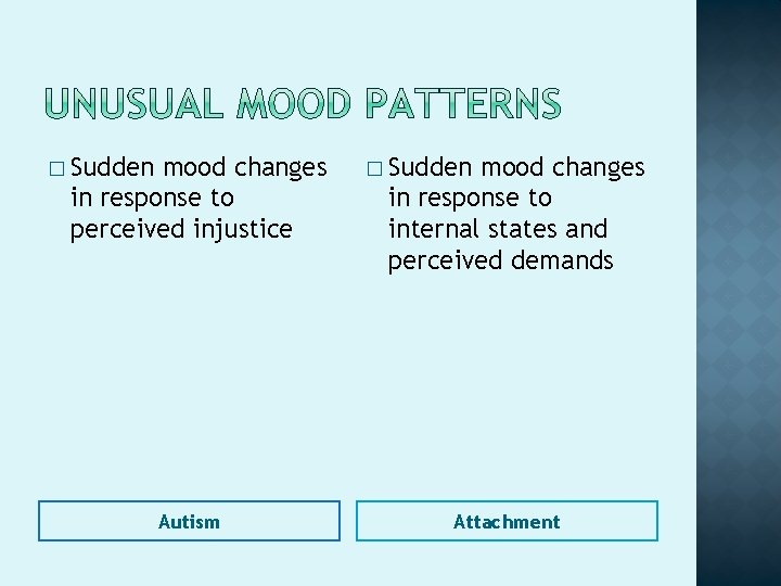 � Sudden mood changes in response to perceived injustice Autism � Sudden mood changes