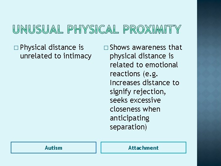 � Physical distance is unrelated to intimacy Autism � Shows awareness that physical distance