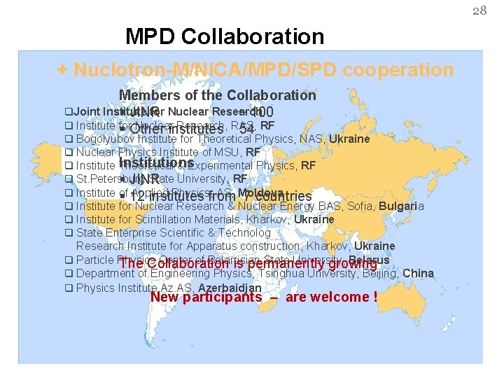 28 MPD Collaboration + Nuclotron-M/NICA/MPD/SPD cooperation Members of the Collaboration q. Joint Institute for