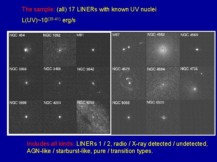 The sample: (all) 17 LINERs with known UV nuclei L(UV)~10(39 -41) erg/s Includes all