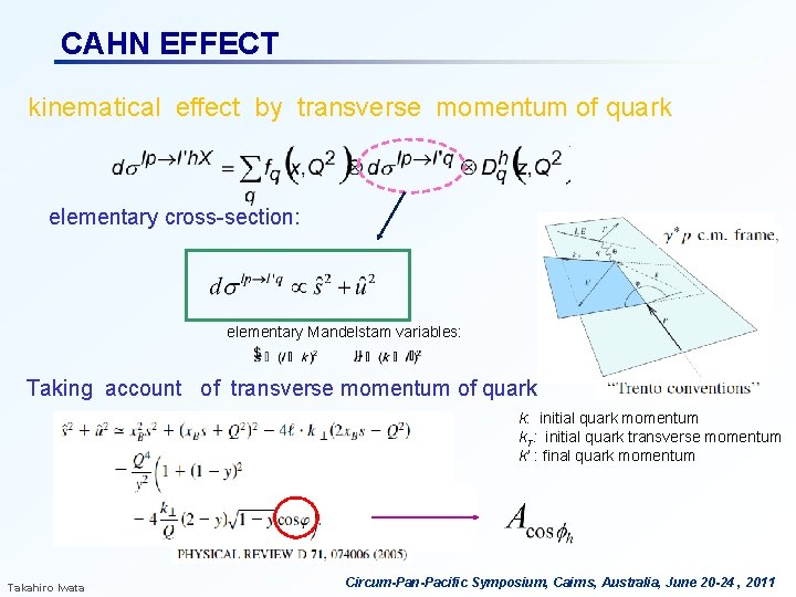 CAHN EFFECT kinematical effect by transverse momentum of quark elementary cross-section: elementary Mandelstam variables: