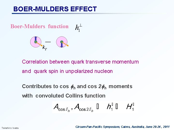 BOER-MULDERS EFFECT Boer-Mulders function Correlation between quark transverse momentum and quark spin in unpolarized