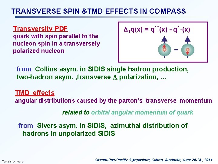 TRANSVERSE SPIN &TMD EFFECTS IN COMPASS Transversity PDF quark with spin parallel to the