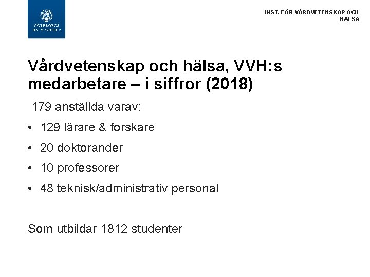 INST. FÖR VÅRDVETENSKAP OCH HÄLSA Vårdvetenskap och hälsa, VVH: s medarbetare – i siffror