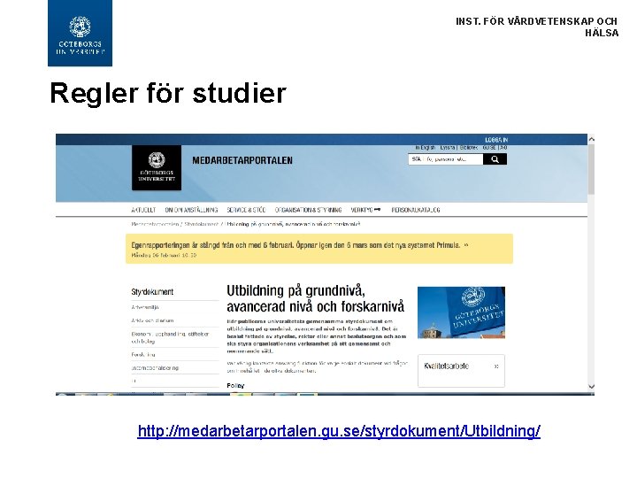 INST. FÖR VÅRDVETENSKAP OCH HÄLSA Regler för studier http: //medarbetarportalen. gu. se/styrdokument/Utbildning/ 