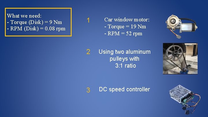 What we need: - Torque (Disk) = 9 Nm - RPM (Disk) = 0.
