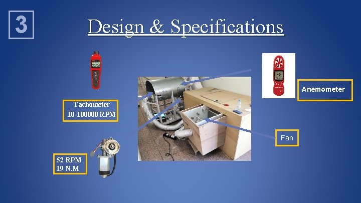 3 Design & Specifications Anemometer Tachometer 10 -100000 RPM Fan 52 RPM 19 N.