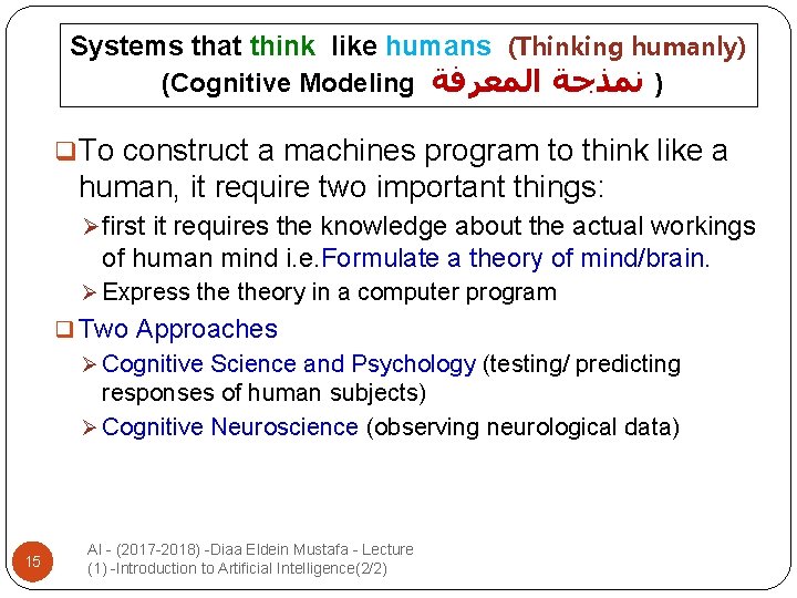 Systems that think like humans (Thinking humanly) (Cognitive Modeling ) ﻧﻤﺬﺟﺔ ﺍﻟﻤﻌﺮﻓﺔ q. To