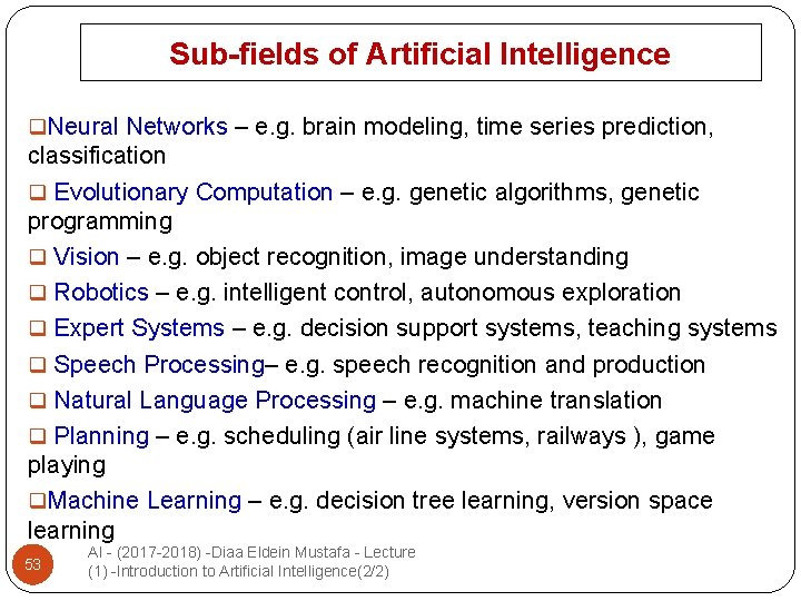 Sub-fields of Artificial Intelligence q. Neural Networks – e. g. brain modeling, time series