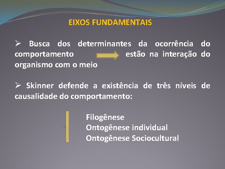 EIXOS FUNDAMENTAIS Ø Busca dos determinantes da ocorrência do comportamento estão na interação do EIXOS FUNDAMENTAIS Ø Busca dos determinantes da ocorrência do comportamento estão na interação do