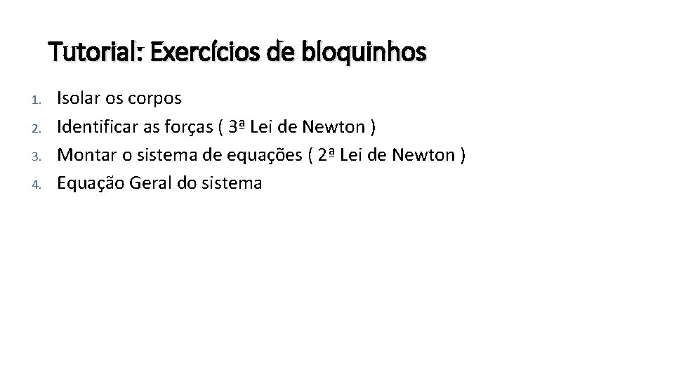 Tutorial: Exercícios de bloquinhos 1. 2. 3. 4. Isolar os corpos Identificar as forças