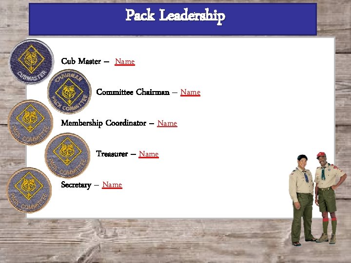 Pack Leadership Cub Master – Name Committee Chairman – Name Membership Coordinator – Name