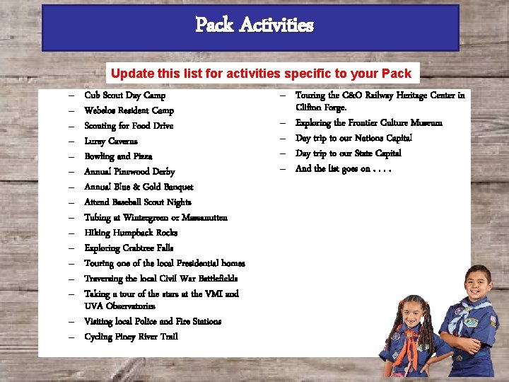 Pack Activities Update this list for activities specific to your Pack – – –