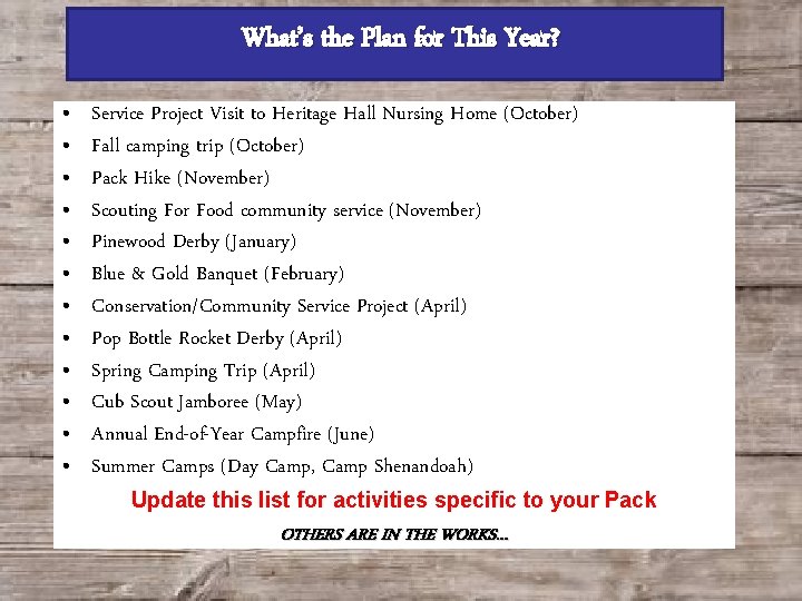 What’s the Plan for This Year? • • • Service Project Visit to Heritage