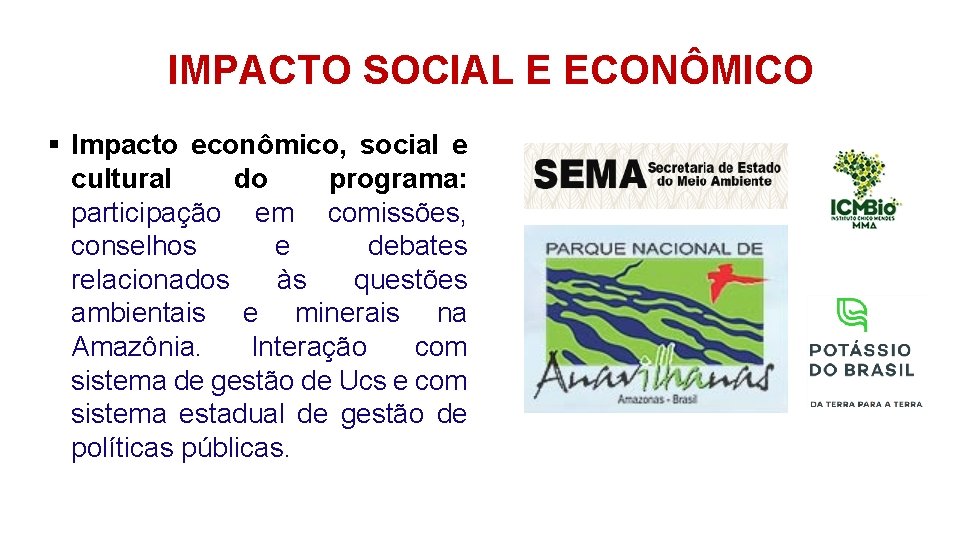 IMPACTO SOCIAL E ECONÔMICO § Impacto econômico, social e cultural do programa: participação em