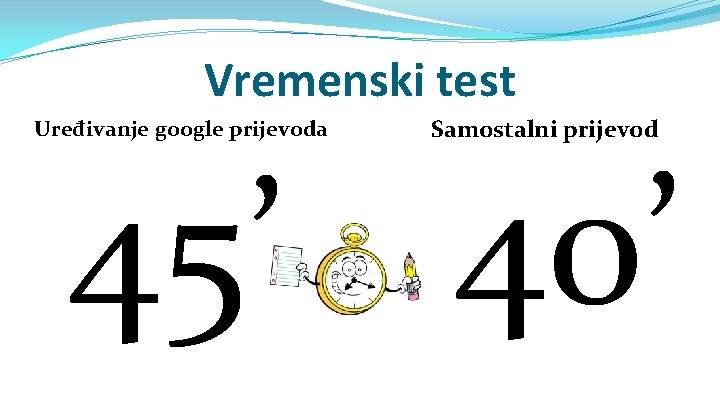 Vremenski test Uređivanje google prijevoda Samostalni prijevod 45’ 40’ 