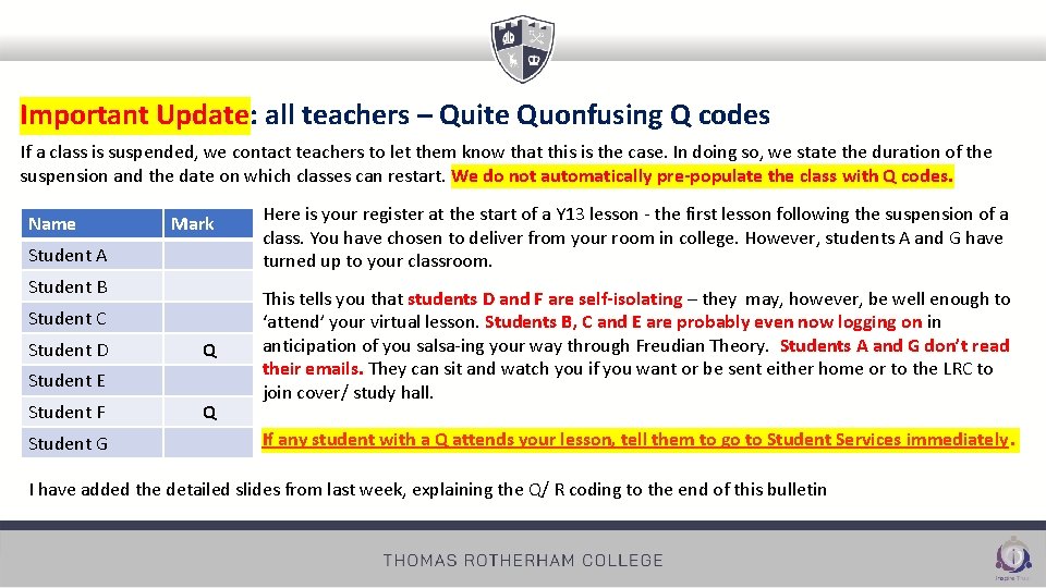 Important Update: all teachers – Quite Quonfusing Q codes If a class is suspended,