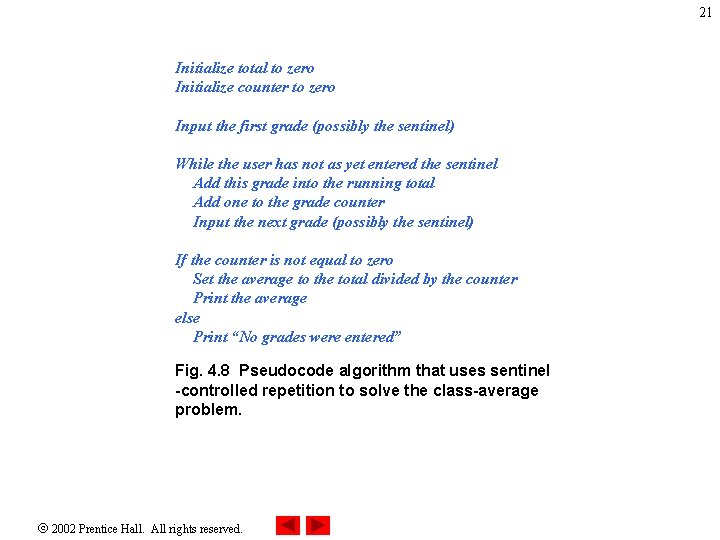 21 Initialize total to zero Initialize counter to zero Input the first grade (possibly