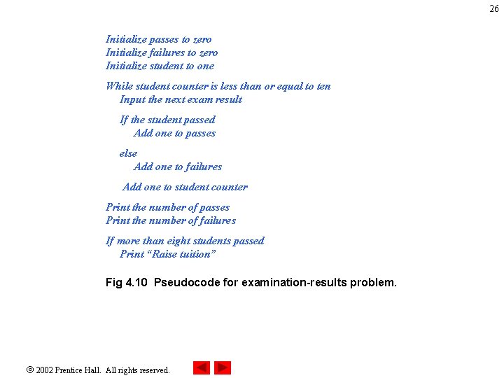 26 Initialize passes to zero Initialize failures to zero Initialize student to one While