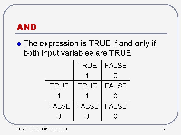 AND l The expression is TRUE if and only if both input variables are