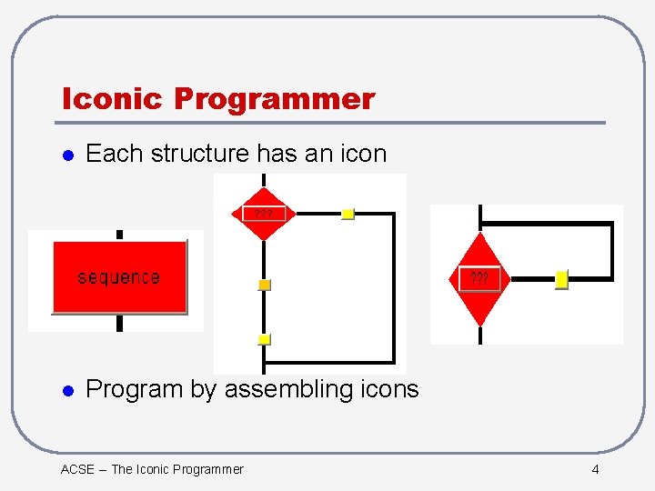 Iconic Programmer l Each structure has an icon l Program by assembling icons ACSE