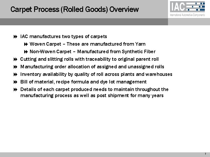 Carpet Process (Rolled Goods) Overview 8 IAC manufactures two types of carpets 8 Woven