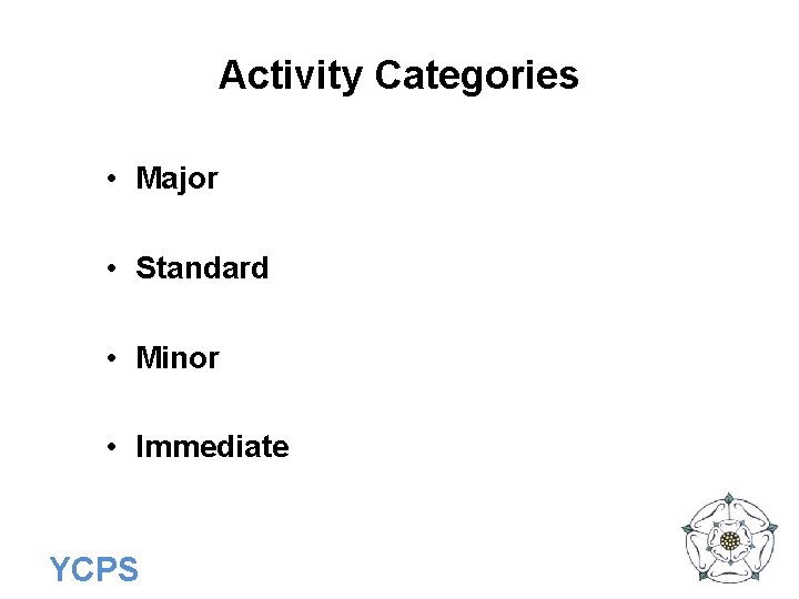 Activity Categories • Major • Standard • Minor • Immediate YCPS 