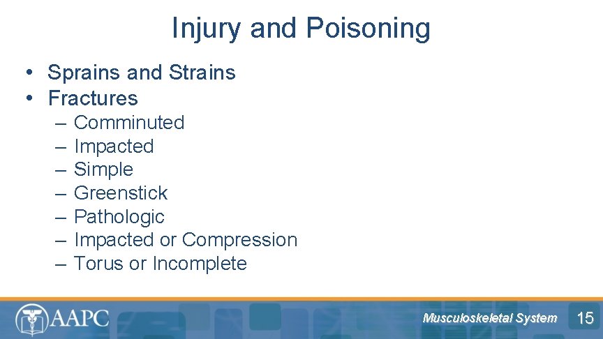 Injury and Poisoning • Sprains and Strains • Fractures – – – – Comminuted