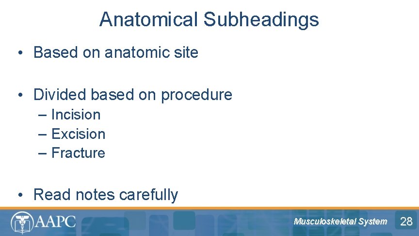 Anatomical Subheadings • Based on anatomic site • Divided based on procedure – Incision