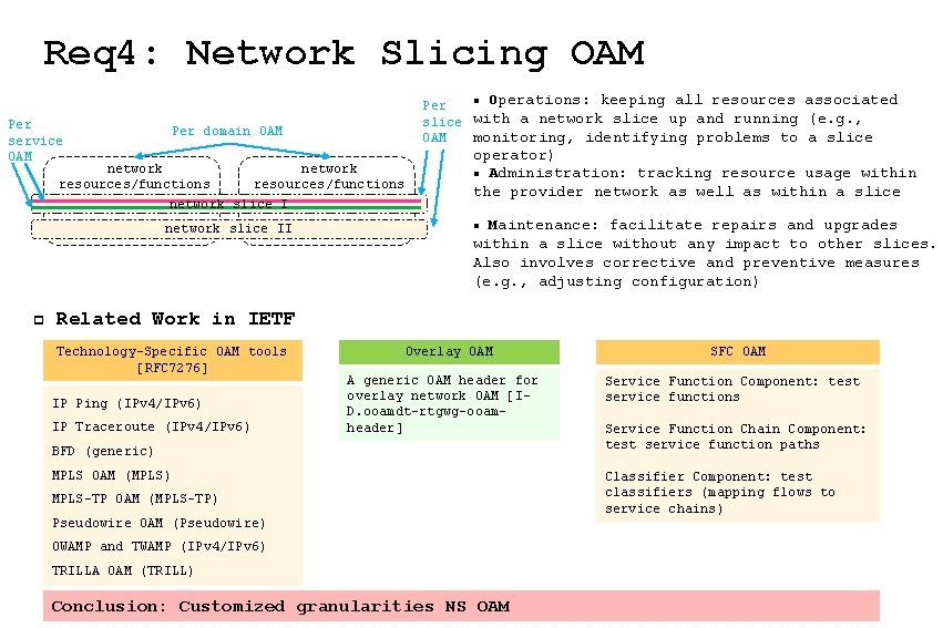 Req 4: Network Slicing OAM Per service OAM n Operations: keeping all resources associated