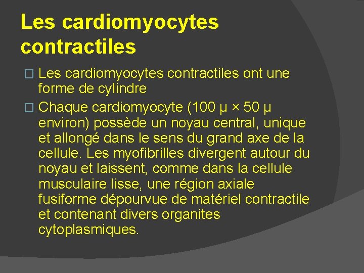 Les cardiomyocytes contractiles ont une forme de cylindre � Chaque cardiomyocyte (100 µ × Les cardiomyocytes contractiles ont une forme de cylindre � Chaque cardiomyocyte (100 µ ×