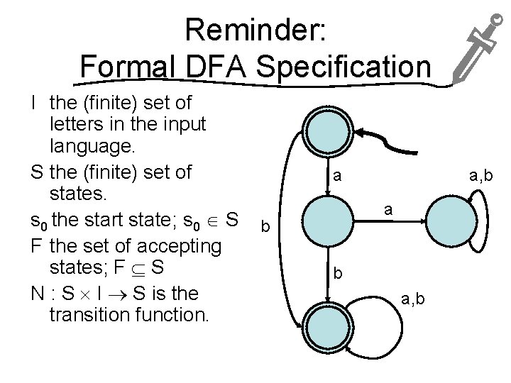 Reminder: Formal DFA Specification I the (finite) set of letters in the input language.