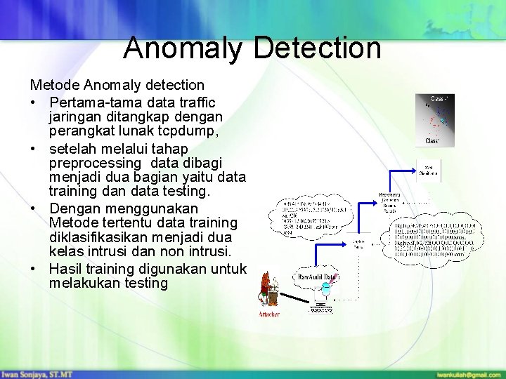 Anomaly Detection Metode Anomaly detection • Pertama-tama data traffic jaringan ditangkap dengan perangkat lunak