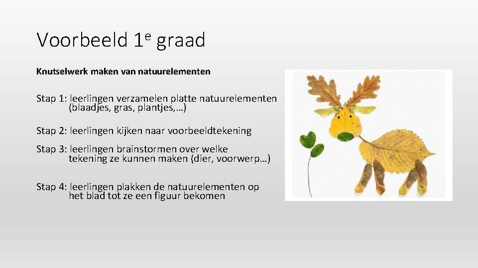 Voorbeeld 1 e graad Knutselwerk maken van natuurelementen Stap 1: leerlingen verzamelen platte natuurelementen