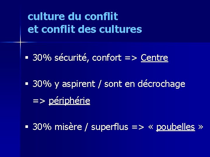 culture du conflit et conflit des cultures § 30% sécurité, confort => Centre §