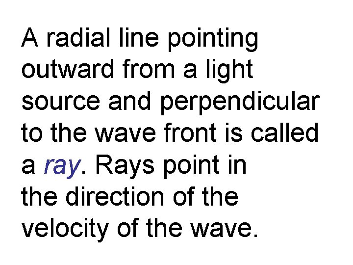 A radial line pointing outward from a light source and perpendicular to the wave