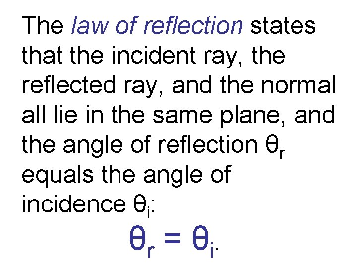 The law of reflection states that the incident ray, the reflected ray, and the