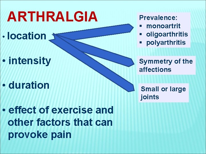 ARTHRALGIA • location • intensity • duration • effect of exercise and other factors