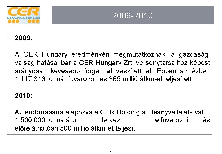 2009 -2010 2009: A CER Hungary eredményén megmutatkoznak, a gazdasági válság hatásai bár a